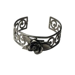 Vintage 1940s Womens Cuff Bracelet Silver Jewelry Roses Art Deco 1930s-40s